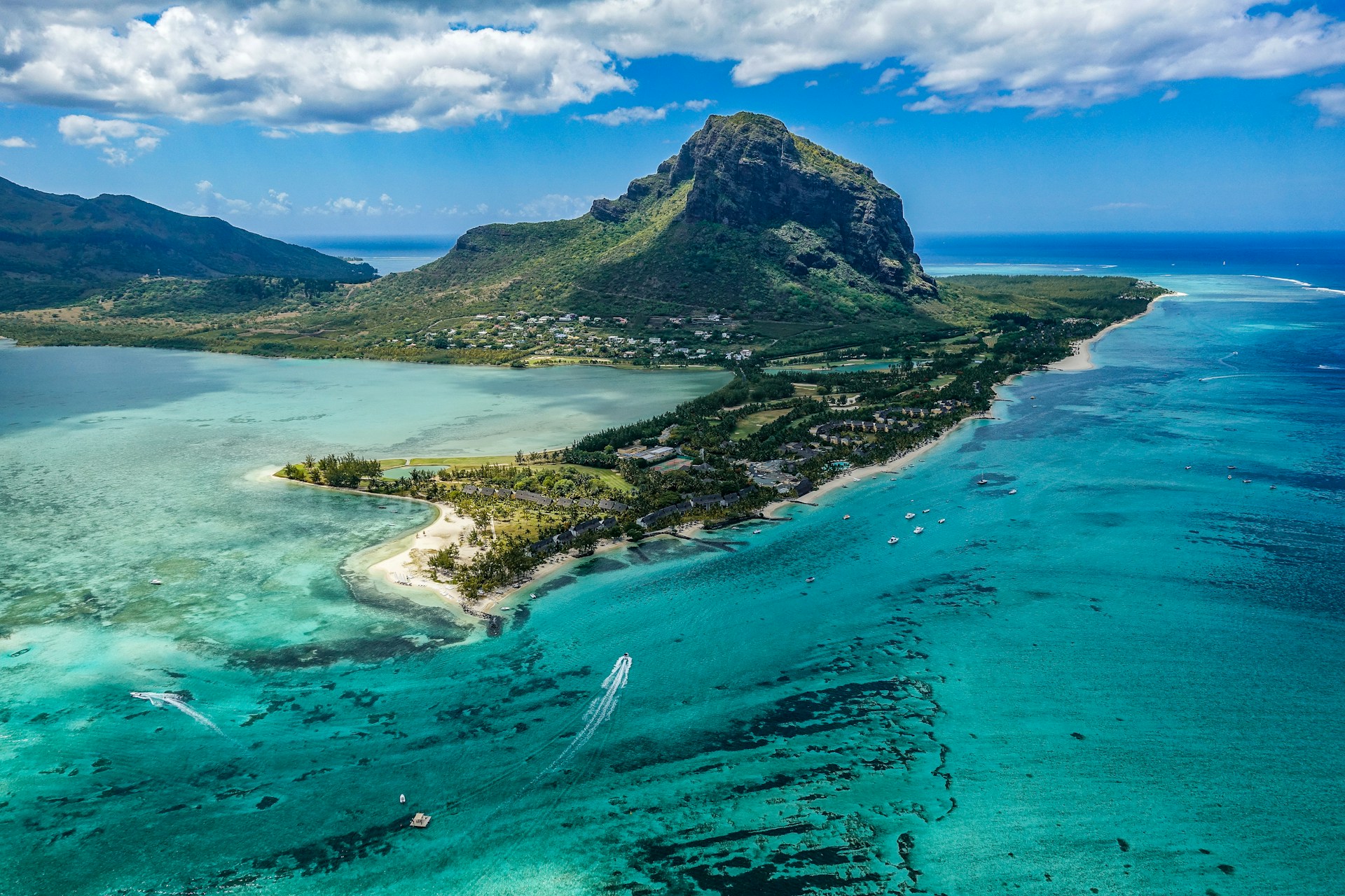 Aerial view of Le Morne and the turquoise lagoon in Mauritius